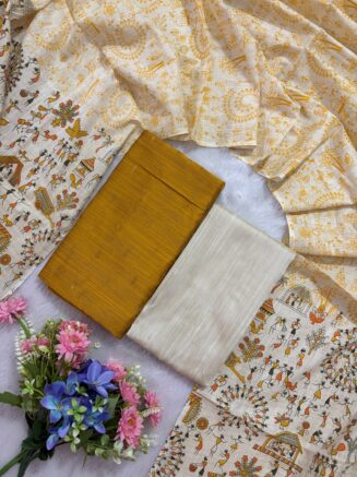 Madhubani Printed Raw Silk 3-Piece Dress Material Set -  Mustard yellow
