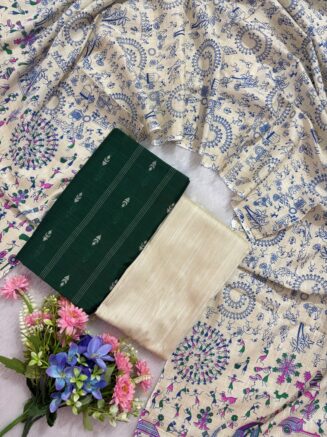 Madhubani Printed Raw Silk 3-Piece Dress Material Set - Green