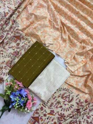 Madhubani Printed Raw Silk 3-Piece Dress Material Set -  Mehendhi green