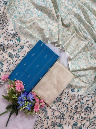 Madhubani Printed Raw Silk 3-Piece Dress Material Set -  Sea blue