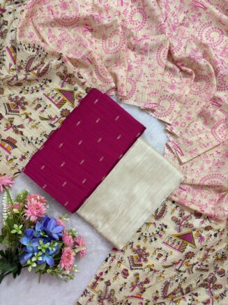 Madhubani Printed Raw Silk 3-Piece Dress Material Set -  Rani pink