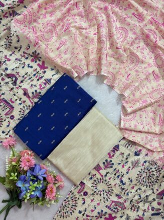 Madhubani Printed Raw Silk 3-Piece Dress Material Set - Royal blue