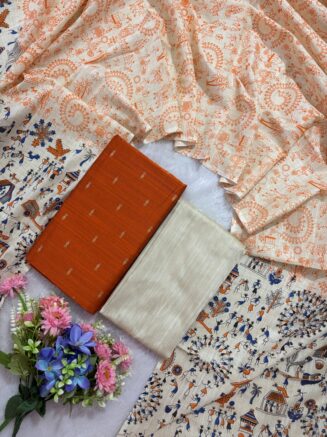 Madhubani Printed Raw Silk 3-Piece Dress Material Set - Orange