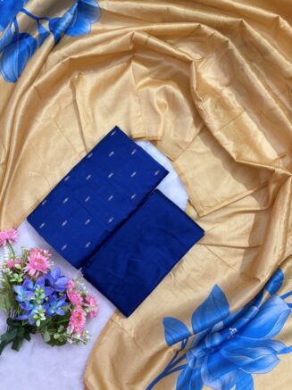 Royal Assam Silk Floral Dupatta Dress Material Set | Royal blue