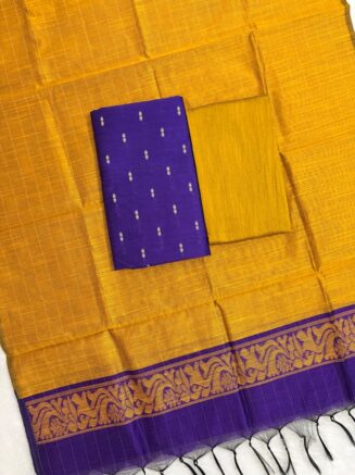 Raw Silk Top with Contrast Dupatta & Bottom – 3 Piece Dress Material Set | Violet with yellow