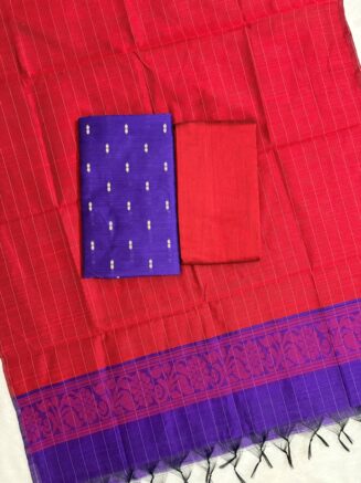 Raw Silk Top with Contrast Dupatta & Bottom – 3 Piece Dress Material Set | Violet with red