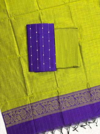 Raw Silk Top with Contrast Dupatta & Bottom – 3 Piece Dress Material Set | Parrot green with violet