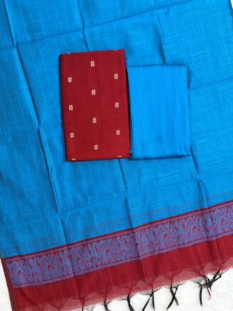 Raw Silk Top with Contrast Dupatta & Bottom – 3 Piece Dress Material Set | Sea blue with maroon
