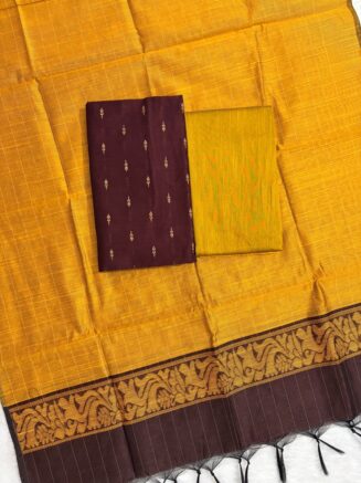 Raw Silk Top with Contrast Dupatta & Bottom – 3 Piece Dress Material Set | Mustard with dark coffee