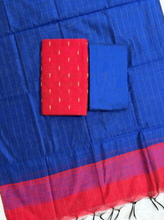 Raw Silk Top with Contrast Dupatta & Bottom – 3 Piece Dress Material Set | Royal blue with red