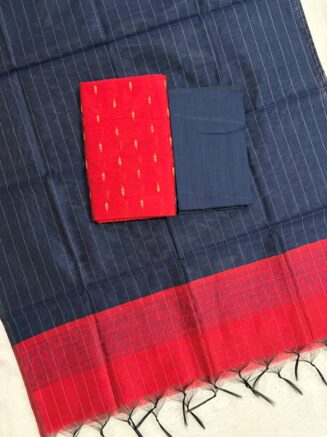 Raw Silk Top with Contrast Dupatta & Bottom – 3 Piece Dress Material Set | Navy blue with red
