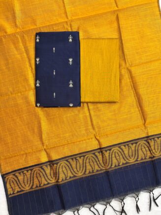 Raw Silk Top with Contrast Dupatta & Bottom – 3 Piece Dress Material Set | Mustard yellow with navy blue