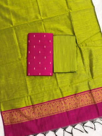 Raw Silk Top with Contrast Dupatta & Bottom – 3 Piece Dress Material Set | Parrot green with pink