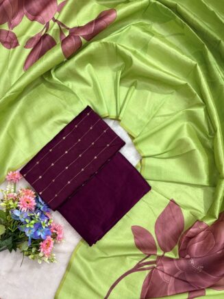Royal Assam Silk Floral Dupatta Dress Material Set | Wine