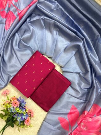 Royal Assam Silk Floral Dupatta Dress Material Set | Pink
