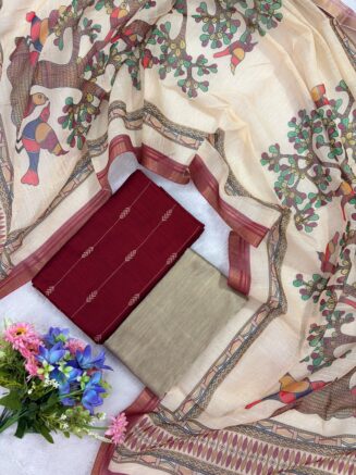 Rawsilk Top With Multicolor Floral & Bird Print Design Shawl | Maroon