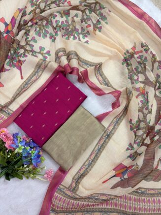Rawsilk Top With Multicolor Floral & Bird Print Design Shawl |  Rani pink