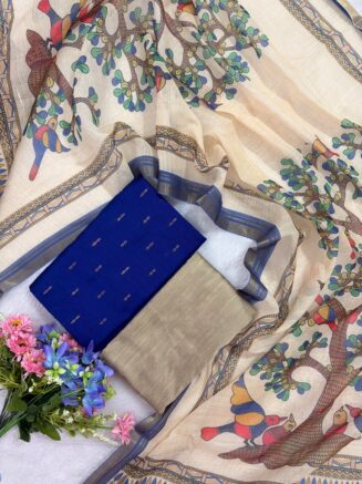Rawsilk Top With Multicolor Floral & Bird Print Design Shawl | Royal blue