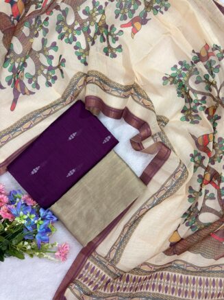 Rawsilk Top With Multicolor Floral & Bird Print Design Shawl | Purple