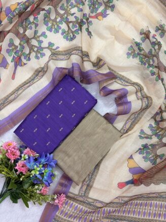 Rawsilk Top With Multicolor Floral & Bird Print Design Shawl | Lavender