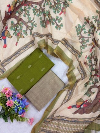 Rawsilk Top With Multicolor Floral & Bird Print Design Shawl | Parrot green