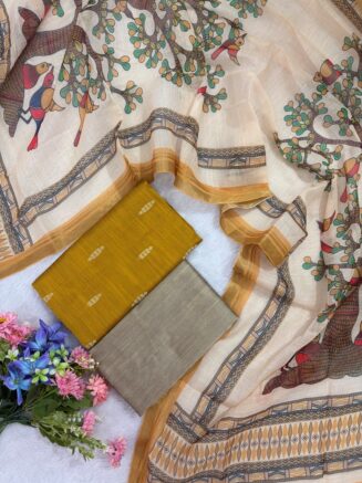 Rawsilk Top With Multicolor Floral & Bird Print Design Shawl | Mustard yellow