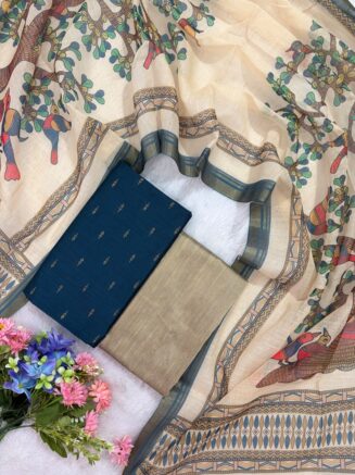 Rawsilk Top With Multicolor Floral & Bird Print Design Shawl | Peacock green