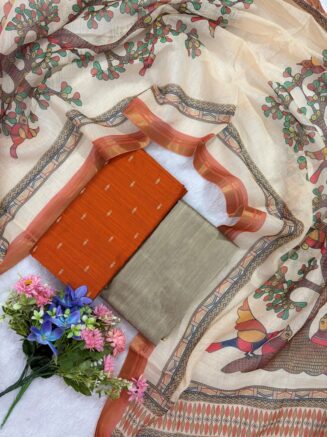 Rawsilk Top With Multicolor Floral & Bird Print Design Shawl | Orange