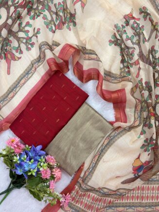 Rawsilk Top With Multicolor Floral & Bird Print Design Shawl | Red