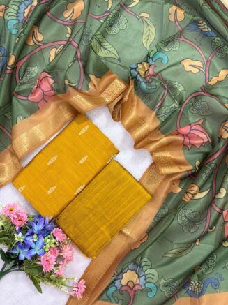 Raw Silk Set With Multicolor Floral Assam Silk Dupatta | Mustard yellow