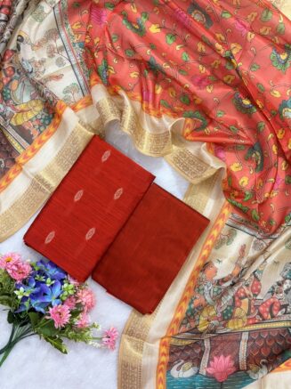 Raw Silk Set With Multicolor Floral Assam Silk Dupatta | Rust orange