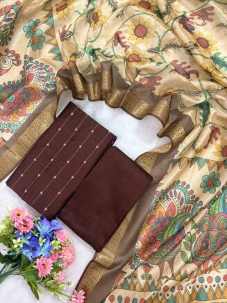 Raw Silk Set With Multicolor Floral Assam Silk Dupatta | Coffee brown
