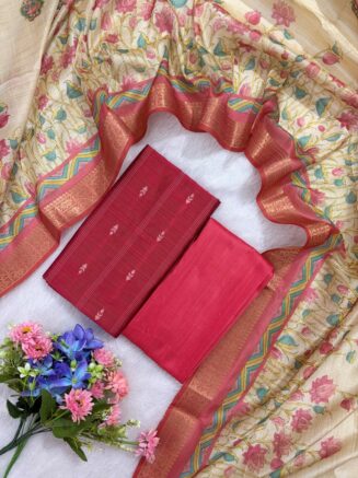 Raw Silk Set With Multicolor Floral Assam Silk Dupatta | Peach