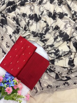 Raw Silk Set With Cotton Kalamkari Dupatta | Red