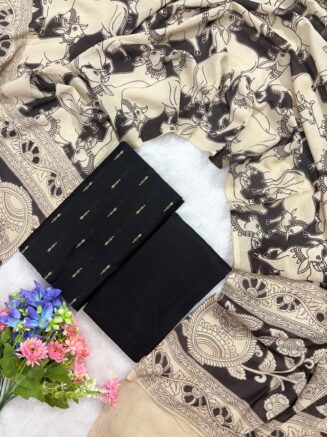 Raw Silk Set With Cotton Kalamkari Dupatta | Black