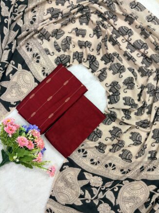 Raw Silk Set With Cotton Kalamkari Dupatta | Red