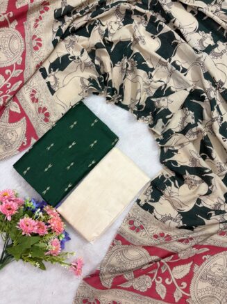 Raw Silk Set With Cotton Kalamkari Dupatta | Green