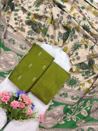 Raw Silk Set With Cotton Kalamkari Dupatta | Parrot green