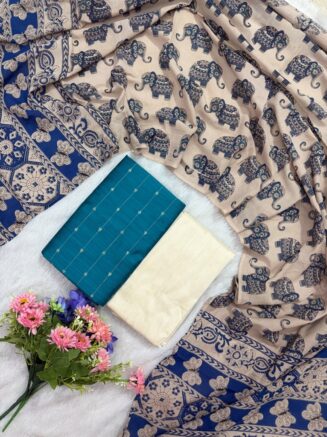 Raw Silk Set With Cotton Kalamkari Dupatta | Sea green
