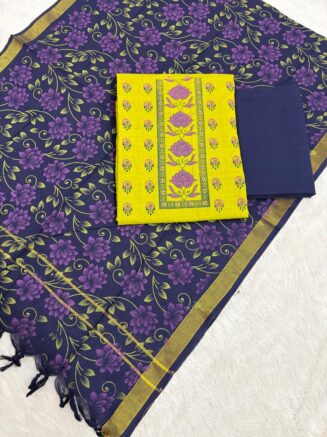 Premium Pure Cotton 3-Piece Chudithar Dress Material Set - Lemon Yellow