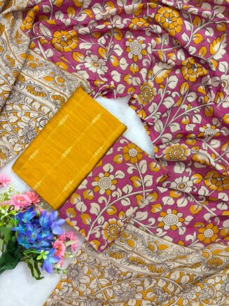 Raw silk with pure cotton kalamkari dupatta set - Mustard Yellow