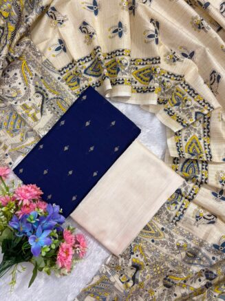 Madhubani Printed Raw Silk 3-Piece Dress Material Set - Navy Blue