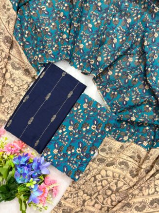 Raw silk with pure cotton kalamkari dupatta set - Navy Blue