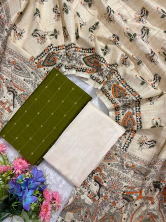 Madhubani Printed Raw Silk 3-Piece Dress Material Set - Olive Green