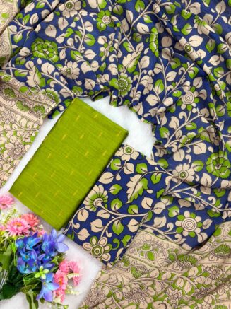Raw silk with pure cotton kalamkari dupatta set - Parrot Green