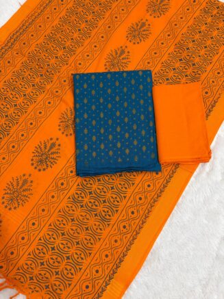 Premium Pure Cotton 3-Piece Chudithar Dress Material Set - Peacock Blue