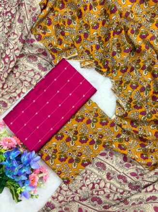 Raw silk with pure cotton kalamkari dupatta set - Rani Pink
