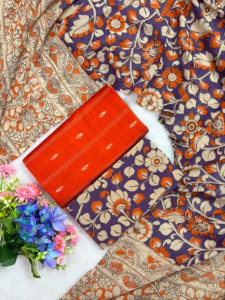 Raw silk with pure cotton kalamkari dupatta set - Red