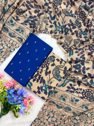 Raw silk with pure cotton kalamkari dupatta set - Royal Blue