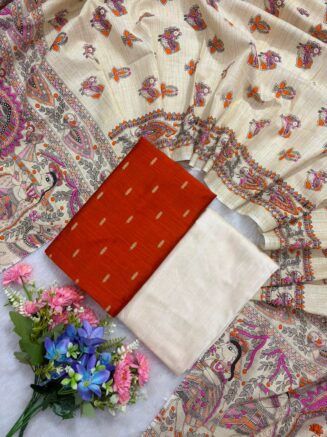Madhubani Printed Raw Silk 3-Piece Dress Material Set - Rust Orange